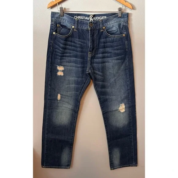 Christian Audigier Mens 33x29 Distressed Blue Designer Jeans‎ Y2K Streetwear - Picture 2 of 11